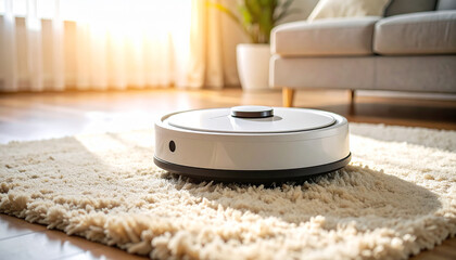 Smart Cleaning Companion: An innovative robotic vacuum navigates a cozy living space, effortlessly maintaining cleanliness on a plush rug, exemplifying modern convenience and automated living.