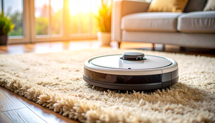 Automated Cleaning Assistant: A sleek, futuristic robot vacuum diligently navigates a plush carpet, symbolizing the convenience and innovation of modern home automation, with a bright.