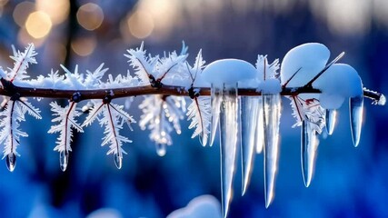Close-up of a twig covered in frost crystals and melting icicles illuminated by sunlight, creating a sparkling winter scene against a blurred background. - Powered by Adobe