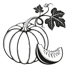 A contoured pumpkin with stem and leaf sits beside a cut, carved slice