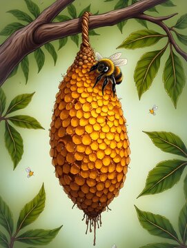 A detailed illustration of a honey bee hive hanging from a branch surrounded