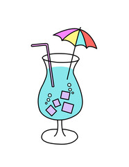 Refreshing Blue Tropical Drink with Ice Cubes and Umbrella
