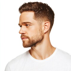 Obraz premium Man with beard and short hair looking to the side studio shot on white background for hairstyle inspiration