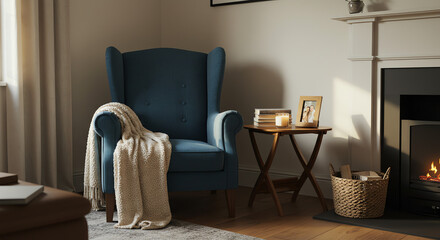 Cozy room with wingback chair and fireplace