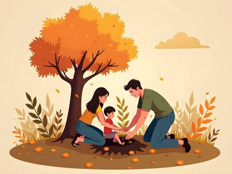 Family Planting Tree Together in Autumn Season with Orange Leaves Illustration
