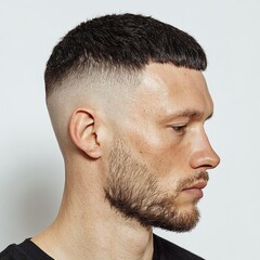Obraz premium Trendy caesar haircut for men with fade and beard style guide for modern male grooming inspiration