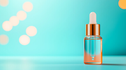 A stylish dropper bottle filled with clear liquid stands on a vibrant blue background, perfect for beauty or skincare.