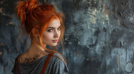 Fototapeta premium A captivating red-haired woman poses against a textured background, showcasing unique body art that adds to her striking appearance and personal expression of identity.