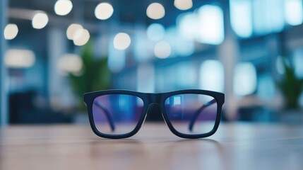 Stylish black eyeglasses sit on a light-brown wooden surface, with a blurred background of a modern interior