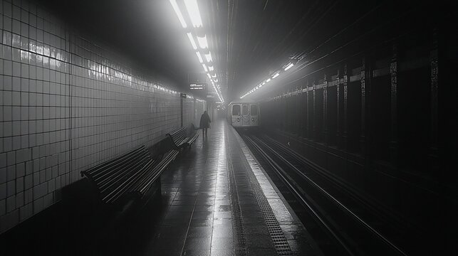 Gloomy subway platform at night