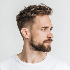 Man with beard and hairstyle side view portrait for mens fashion and hair style inspiration ideas
