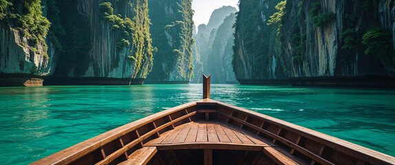 Wooden boat navigating emerald waters among towering cliffs in a picturesque landscape