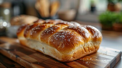 A lovely loaf of golden-brown bread, baked to perfection with a light dusting of flour, sits proudly on a wooden cutting board, inviting warmth and comfort.