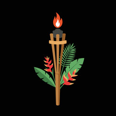 Tiki torch with palm and heliconia decoration on black