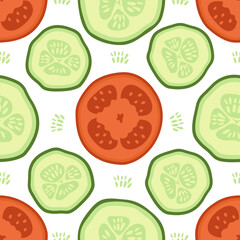 Seamless summer pattern with cucumber and tomato slices. Pieces of vegetables on a white background print. Vector hand drawn illustration.