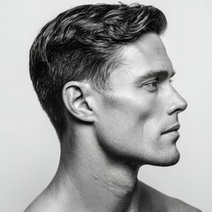 Man profile portrait with short wavy hair in black and white for male grooming and hairstyle reference