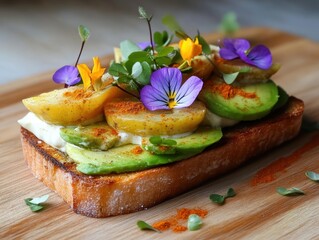 Beautifully arranged open-faced sandwich topped with avocados, yellow squash, and edible flowers on a wooden platter