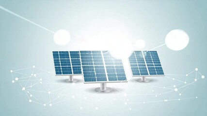 Solar Panel Array: A bright, clean energy scene depicts a cluster of solar panels soaking up the sun, connected by a network of interconnected dots. Capturing a futuristic vision of renewable power. - Powered by Adobe