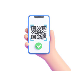 3D hand holding smartphone scanning QR code with confirmation check mark, mobile payment concept