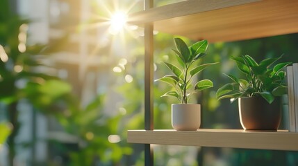 Sunlight streams through a window onto shelves with small potted plants. Blurry greenery and books are visible in the background