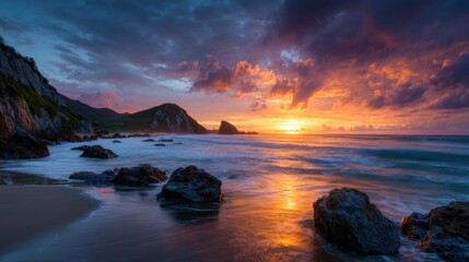 Obraz premium Spectacular Sunset Over Coastal Mountains