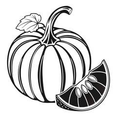 An outlined pumpkin with attached leaf and a sliced piece displayed in black