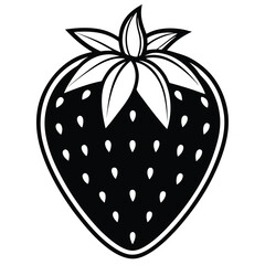 Black and white drawing shows a ripe strawberry with seeds and leaves neatly placed