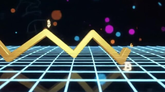 A futuristic financial chart concept. A dark background with a glowing grid that forms a 3D plane, extending into the distance. Rising from the grid is a golden zigzag line graph, symbolizing market.