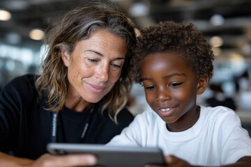 A happy adult and child engrossed in a shared digital experience, showcasing the bond of learning and connection through technology in a lively environment with smiles.