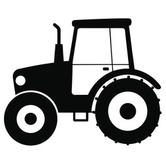 Black and white icon depicts a tractor on a farm field, its silhouette stark