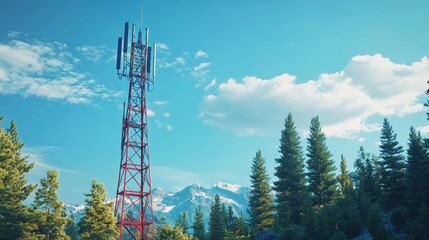 Obraz premium Telecom Tower Surrounded by Nature: Cellular Antennas Supporting 5G Connectivity Against a Clear Blue Sky