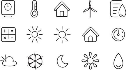 An ecology-themed icon set features vector illustrations of various building silhouettes, including houses and barns, ideal for web design