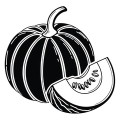 Black and white monochrome pumpkin with a slice is a cool illustration
