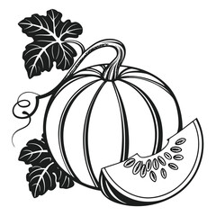 Black and white pumpkin segment showcases seeds beside leaves in a simple way