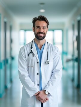 Confident Male Doctor in White Coat Standing with Stethoscope in Hospital Hallway for Medical Consultation and Healthcare Services