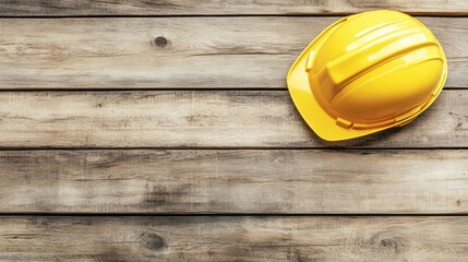 A bright yellow hard hat rests on a rustic wooden surface, symbolizing safety and construction, This image is ideal for construction sites, safety training, or promoting protective gear,