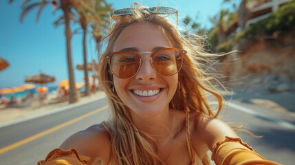 A joyful young woman riding a bike along a beach road, thrilled by the warm sun and vibrant surroundings, encapsulating summer's carefree spirit and adventure.