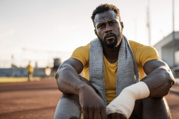 A young athlete with a wrapped ankle in a sports setting. Sports equipment and training area visible in the background.