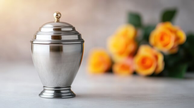 A polished silver urn stands elegantly beside a blurred bouquet of yellow roses, symbolizing remembrance and love, This image is ideal for memorial services, tributes, or articles on loss,
