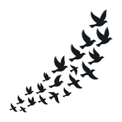 Silhouette of a Flock of Birds Flying Upward in a Diagonal Formation Symbolizing Freedom Peace and Hope on an Isolated White Background