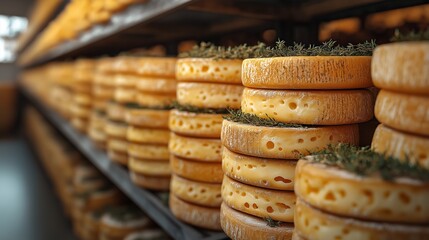 Cheese wheels stacked on shelves: A visually rich photo revealing an array of cheese wheels meticulously arranged on shelves.