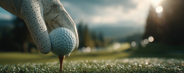 Golfer places the ball on the tee at the T-off area, preparing to start the hole during a professional tournament