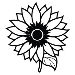 Black and white sunflower with detailed petal and leaf outlines create a simple floral image