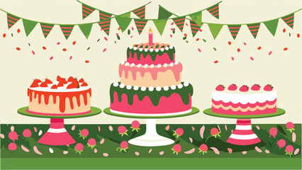 Three cakes on stands with strawberry toppings and a three tier cake with a candle on top