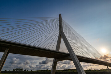 Flintshire Bridge stands prominently in the soft light of early morning, with its cables and concrete structure leading into the distance
