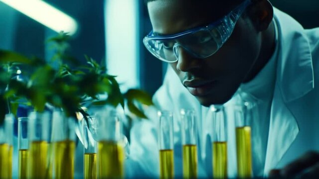 Focused scientist examining cannabis plant in lab