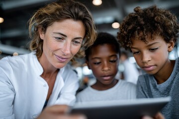 A woman engaging with two children over a tablet, highlighting the importance of technology in education and bonding, fostering curiosity and collaborative learning experiences.