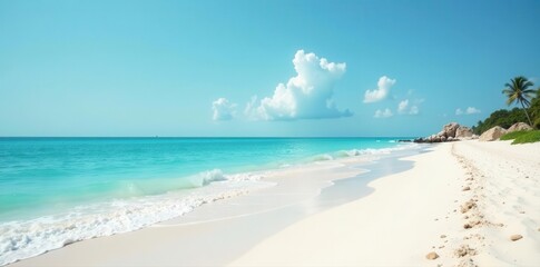 Obraz premium Calm aqua sea meets a powdery white sand beach, sunlit , ripple, sunlight, escape