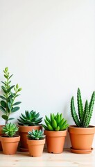 Obraz premium Bright white wall, diverse potted succulents and herbs , greenery, studio