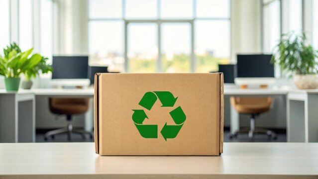 Cardboard box with recycling symbol in modern office setting. - Powered by Adobe